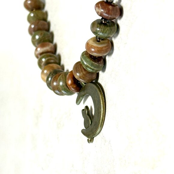Genuine Earthy Polychrome Jasper Bronze Cat on the Moon Beaded Short Necklace - Picture 7 of 13